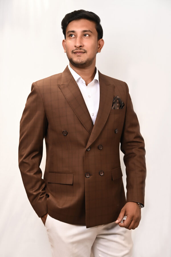 Men’s Brown Checkered Double-Breasted Blazer - Image 2