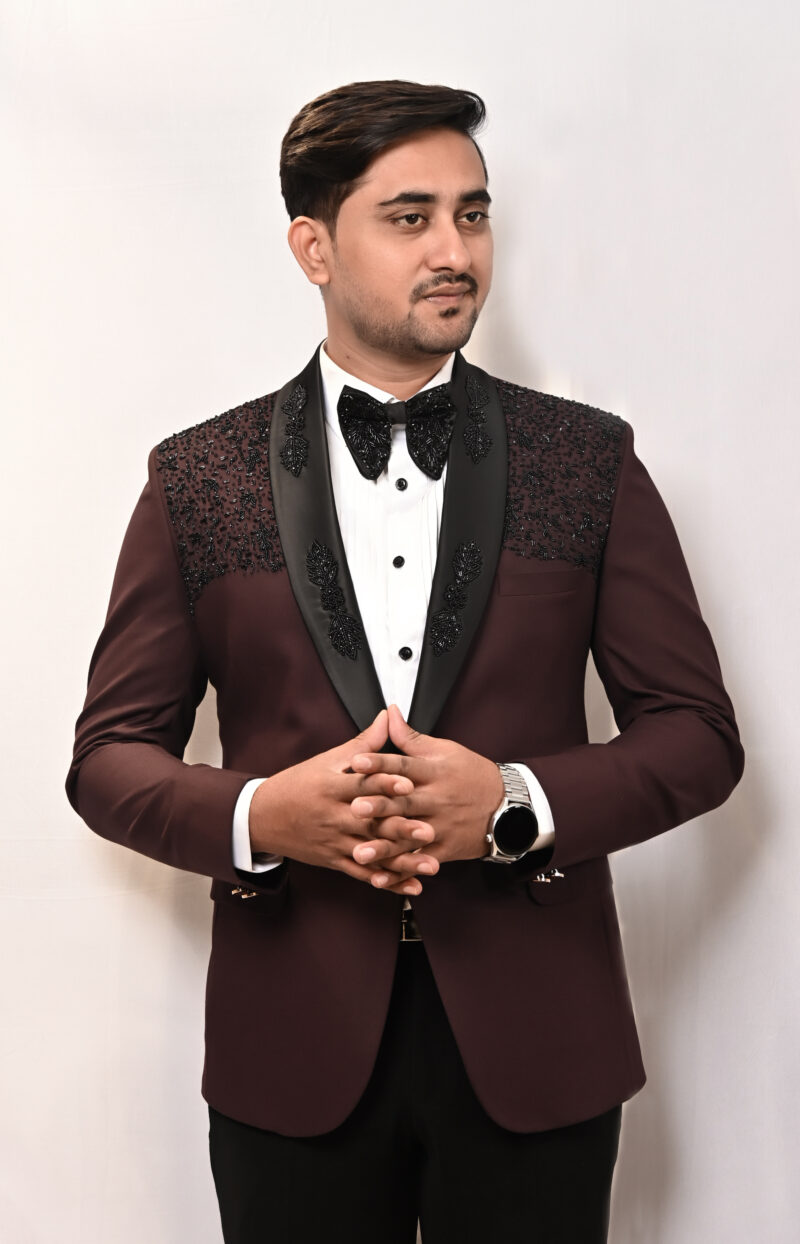Men’s Maroon Embellished Tuxedo Set
