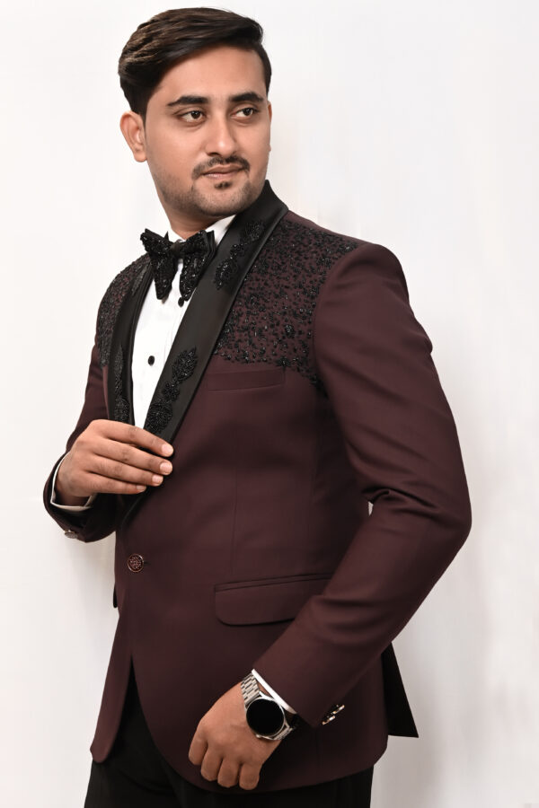 Men’s Maroon Embellished Tuxedo Set - Image 2